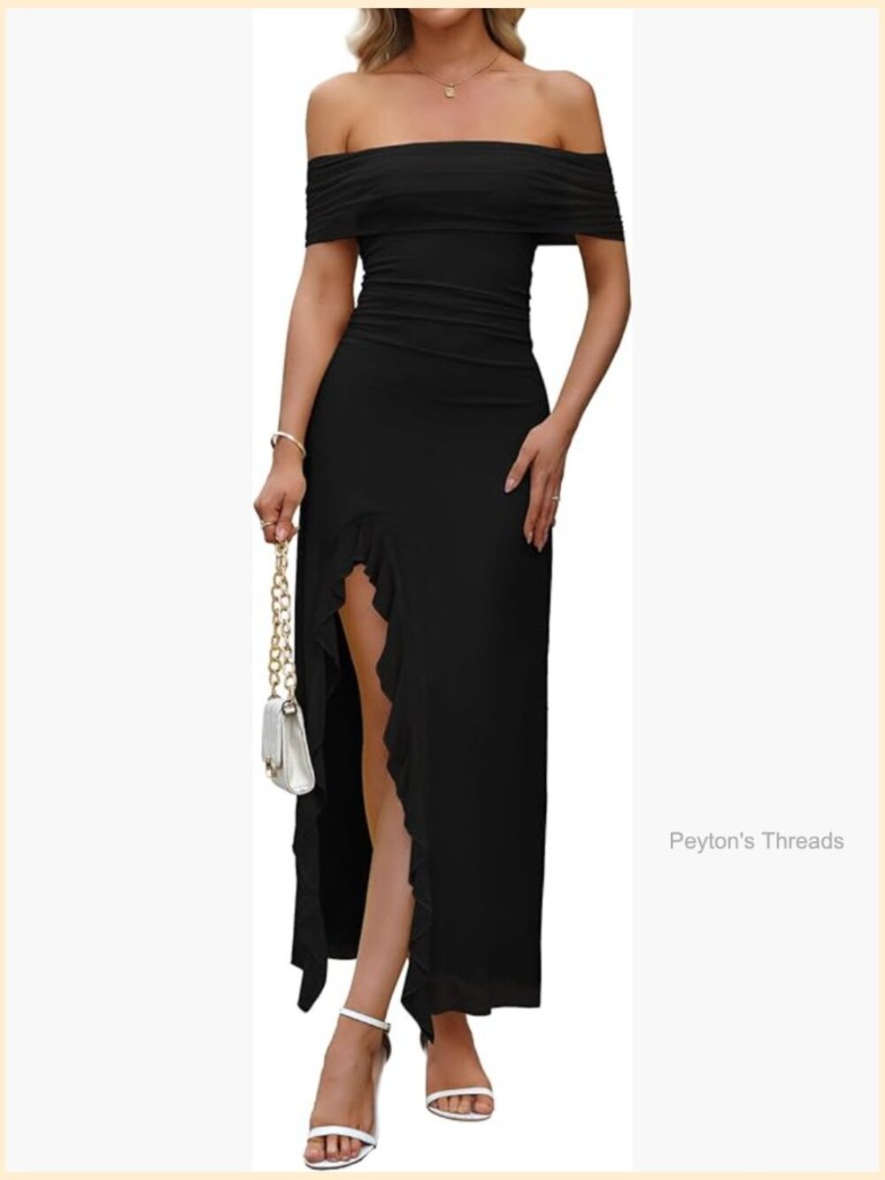 Off Shoulder Ruched Bodycon Mesh Maxi Dress with Slit